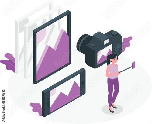 A woman editing graphic images on multiple digital screens with a stylus in a creative workspace