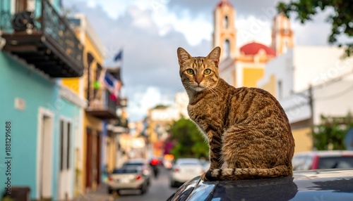 A tabby cat sits on a car in a colorful street in Old San Juan Puerto Rico.