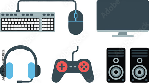 Computer Gaming Accessories and Hardware Icon Set Including Monitor, Keyboard, Mouse, Headphones, Gamepad, and Speakers, Vector Flat Illustration of PC Peripheral Devices Isolated on White Background