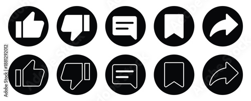 Social Media Engagement Icons: Like, Dislike, Comment, Bookmark, Share Symbols Web Flat Icon