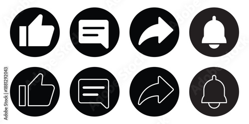 Share, Comment, Like, Love, heart, Notification icon set Collection. 