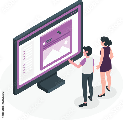 Man and woman analyzing a large computer screen displaying a webpage with graphic elements in a modern office setting