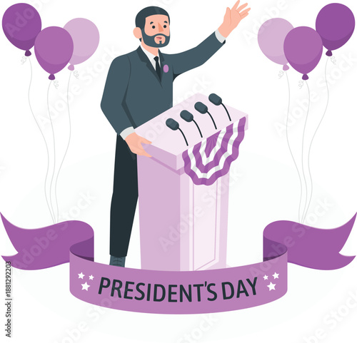 Man standing at podium with microphones giving speech on President's Day surrounded by balloons in purple tones