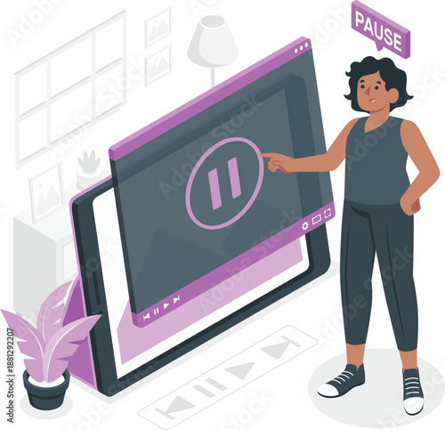 A person pausing a large video screen display with control buttons and media interface elements surrounding the device