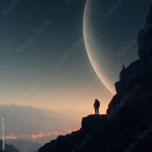 Astronaut Silhouette on Ridge with Massive Planet and Subtle Futuristic Horizon Glow