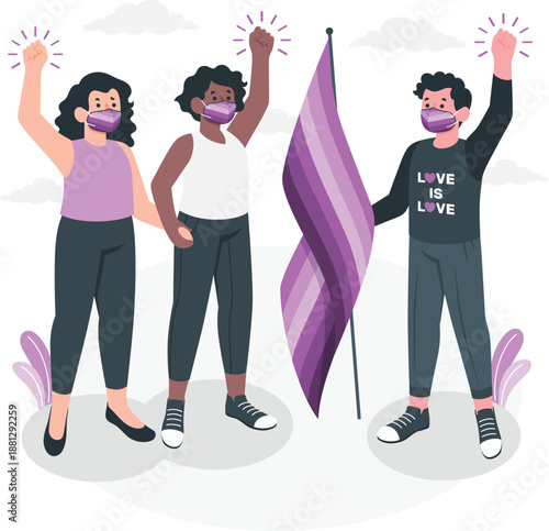 Three people protesting together, holding hands and a purple flag, standing on a cloud with purple flowers, viewed from the front