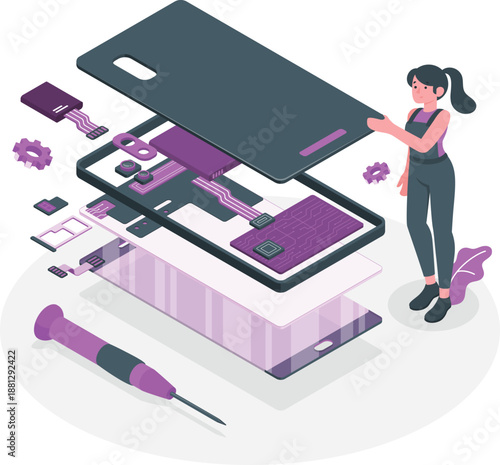 Woman repairing smartphone with tools, illustration of technology and repair