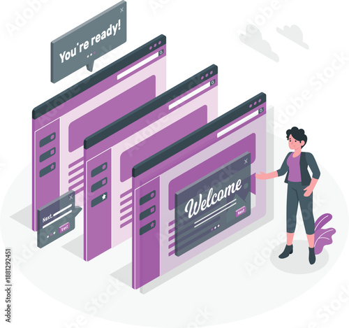 A person standing next to large website templates with welcome message on screen