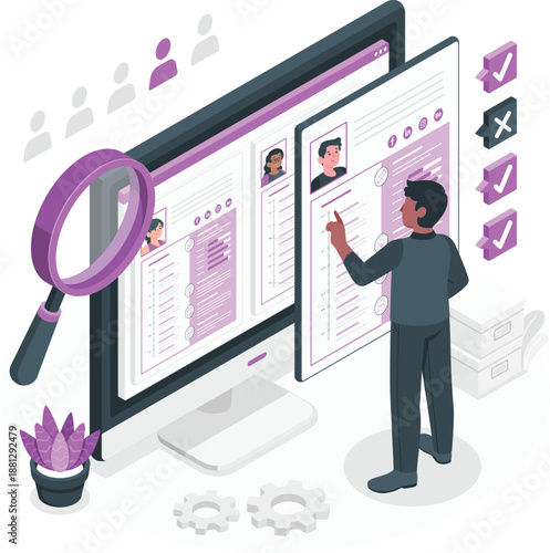 Man examining digital profiles on large computer screen with magnifying glass nearby in modern workspace environment