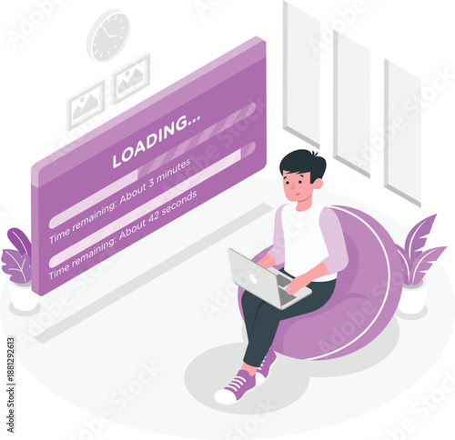 Man sitting on bean bag chair using laptop during loading screen animation on large digital display