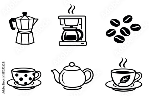 Line art beverage icon set featuring brewing equipment, cups, and coffee beans for cafes and breakfast