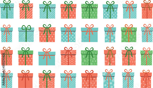 Colorful collection of wrapped gift boxes with bows, flat illustration pattern perfect for holidays, celebrations, and surprises