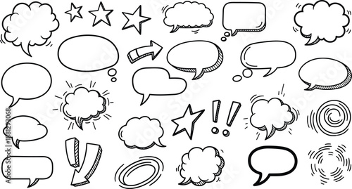 Hand drawn comic speech bubbles, black and white sketch talk clouds, dialogue balloons and star icons, communication elements for graphic design, vector illustration