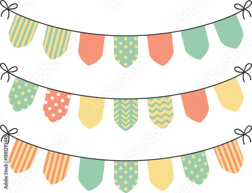 Colorful festive bunting garlands with patterned flags for party, celebration, birthday, wedding and holiday decoration