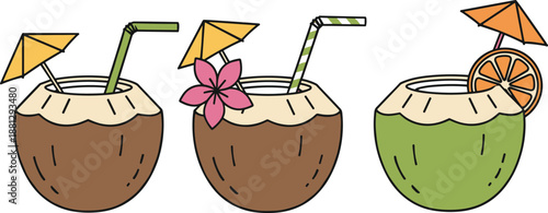 Tropical coconut drinks illustration set with straws, paper umbrellas, flowers and citrus summer cocktails