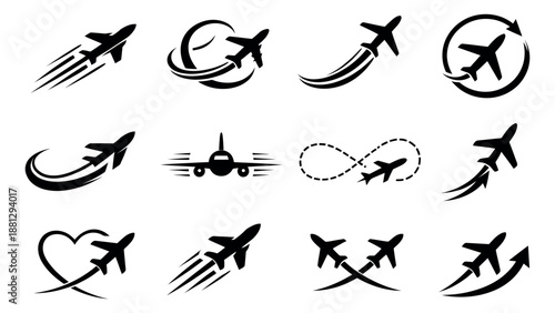 Stylized airplane icon set featuring various flight paths and movements for travel and aviation concepts