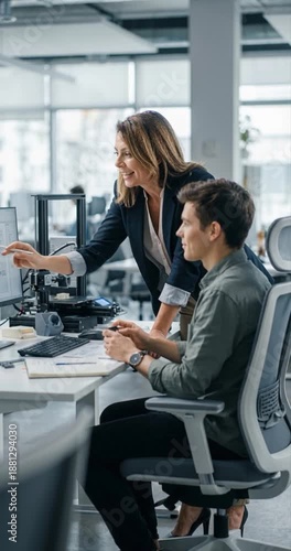Professional colleagues collaborating office setting computers technology