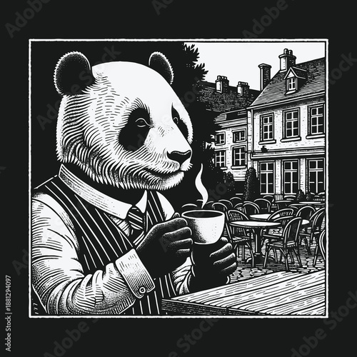 Panda enjoying coffee at an outdoor cafe in monochrome.