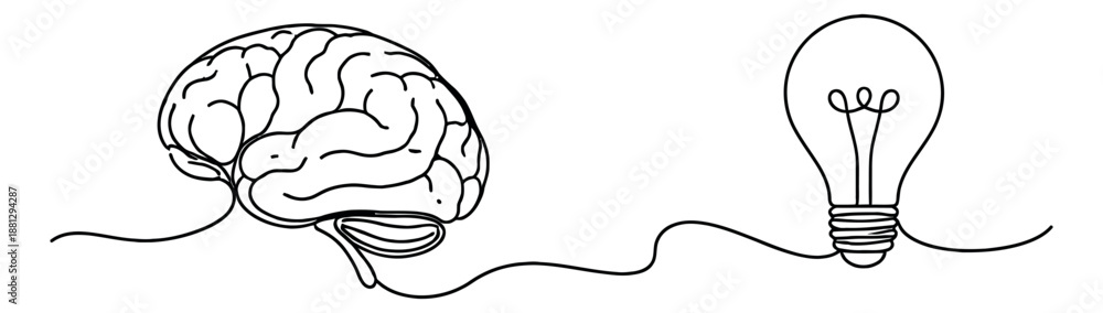 Obraz premium Continuous line art illustration of a brain and a lightbulb depicting the connection between thought and idea for business and innovation