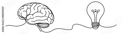 Continuous line art illustration of a brain and a lightbulb depicting the connection between thought and idea for business and innovation