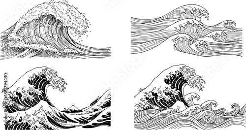 Japanese wave illustrations in black and white, stylized ocean art with foam, swirl, crest for cultural design