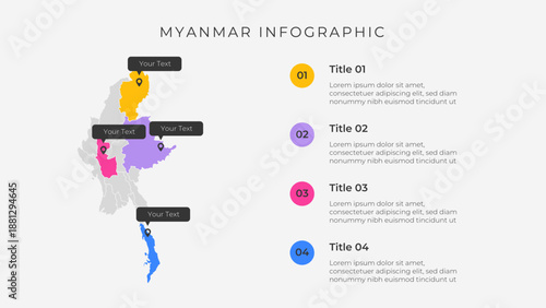 Myanmar map infographic template with 4 options. Myanmar administrative map infographic for presentation.