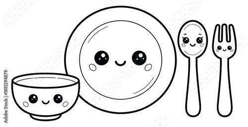 Kawaii line art tableware set featuring a smiling plate, bowl, spoon, and fork for children's kitchen designs