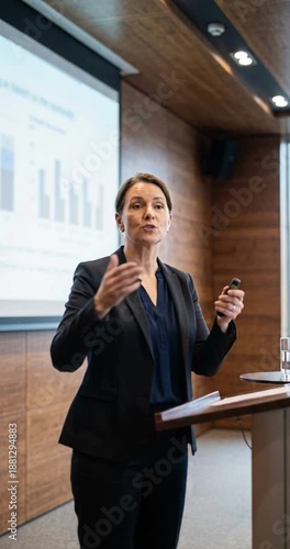 Woman presenting at conference business meeting using projection screen