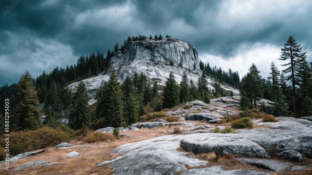 Fototapeta premium A dramatic mountain landscape featuring a large, light gray rock face rising dramatically under a stormy sky, with a dense forest of evergreens at its base.