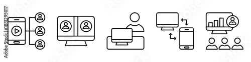 remote communication icon set. for online meeting. icon set contain video conference, virtual meeting, remote worker, remote access, online presentation. simple vector line illustration.