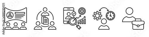 work management icon set. for job process. icon set contain online training, document collaboration, remote health check, time management, employment. simple vector line illustration.
