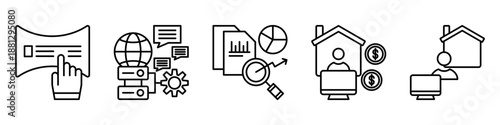 data work icon set. for online services. icon set contain online form, server management, data analysis, freelance work, work at home. simple vector line illustration.