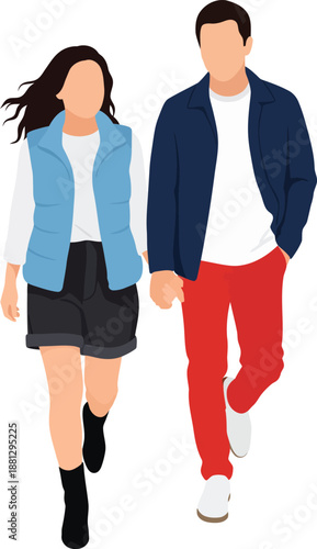 A young couple in casual modern attire walking forward depicted in a minimalist faceless vector illustration style.