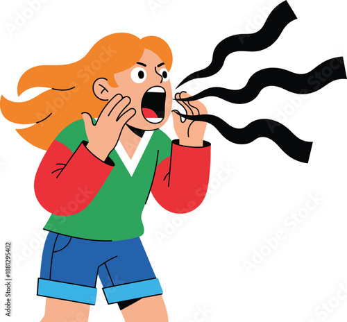 Angry cartoon woman with flowing orange hair shouting hands cupped around her wideopen mouth.