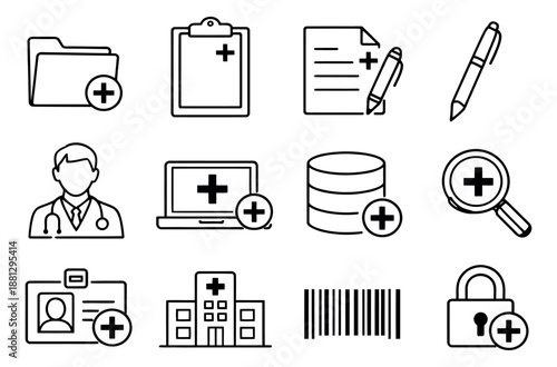 Modern line art medical and data icons set featuring healthcare documents, doctor, hospital, and security items with plus signs for health administration and information management