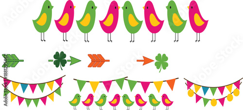 St. Patrick’s Day decorative elements set with birds, arrows, shamrocks and bunting flags in colorful flat cartoon vector style