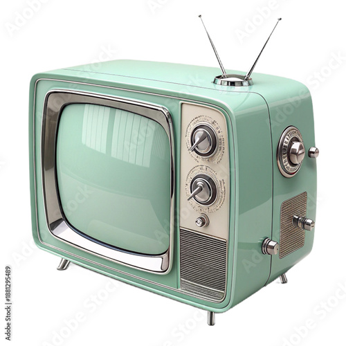 Vintage pastel mint TV with chrome knobs, evoking nostalgia and retro charm for home decor or design projects