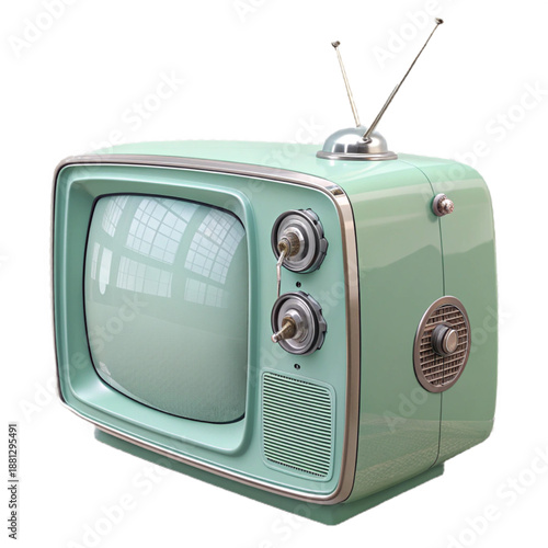 A nostalgic pastel mint television set with chrome knobs and antenna, evoking a sense of vintage charm and retro aesthetic.