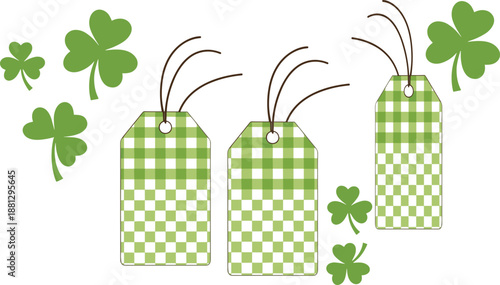 St Patrick’s Day green checkered gift tags with lucky shamrock clover decorations festive vector illustration