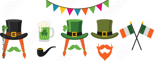 St. Patrick’s Day icon set with leprechaun hats, beard, beer mug, pipe and Irish flags in flat vector style