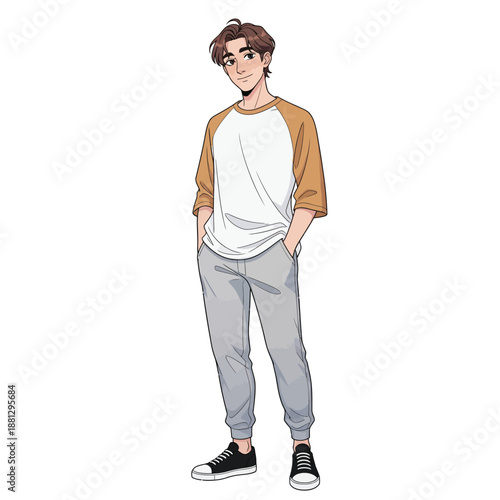 Animestyle young man in a casual raglan shirt and grey sweatpants posing with a confident friendly smile.