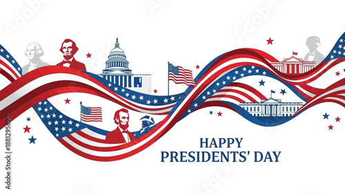 Happy Presidents Day USA Flag Wave with US Capitol, White House, and Presidents Silhouettes