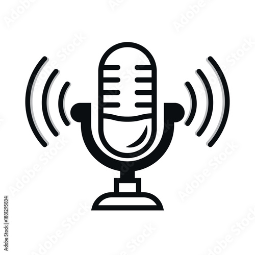 Black and White Retro Microphone Icon with Sound Waves for Podcast or Audio Recording Concept
