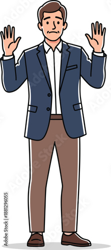 Cartoon businessman with a worried expression raising his hands in a surrender or stop gesture.