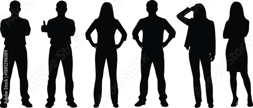 Business people silhouettes, standing confidently in diverse poses, isolated on white background representing teamwork leadership confidence success corporate professional group