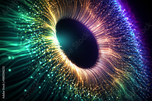 AI generated abstract bio cosmic artwork featuring a glowing eye like core with radiant energy strands symbolizing consciousness perception neural connection and futuristic intelligence