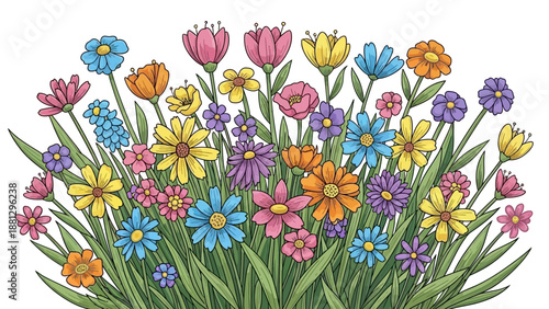 Colorful Spring Wildflowers Blooming Garden Illustration.