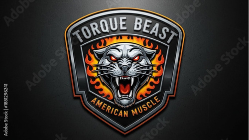 Aggressive Tiger Head Emblem with Flames and Text.