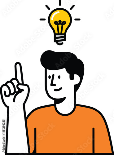 Cartoon man in an orange shirt pointing up at a glowing yellow lightbulb symbolizing a new idea.