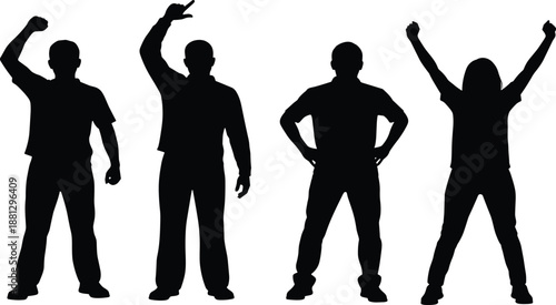 Celebrating people silhouette set with raised hands and victory gestures, success, motivation and achievement concept, happy human figures isolated on white background